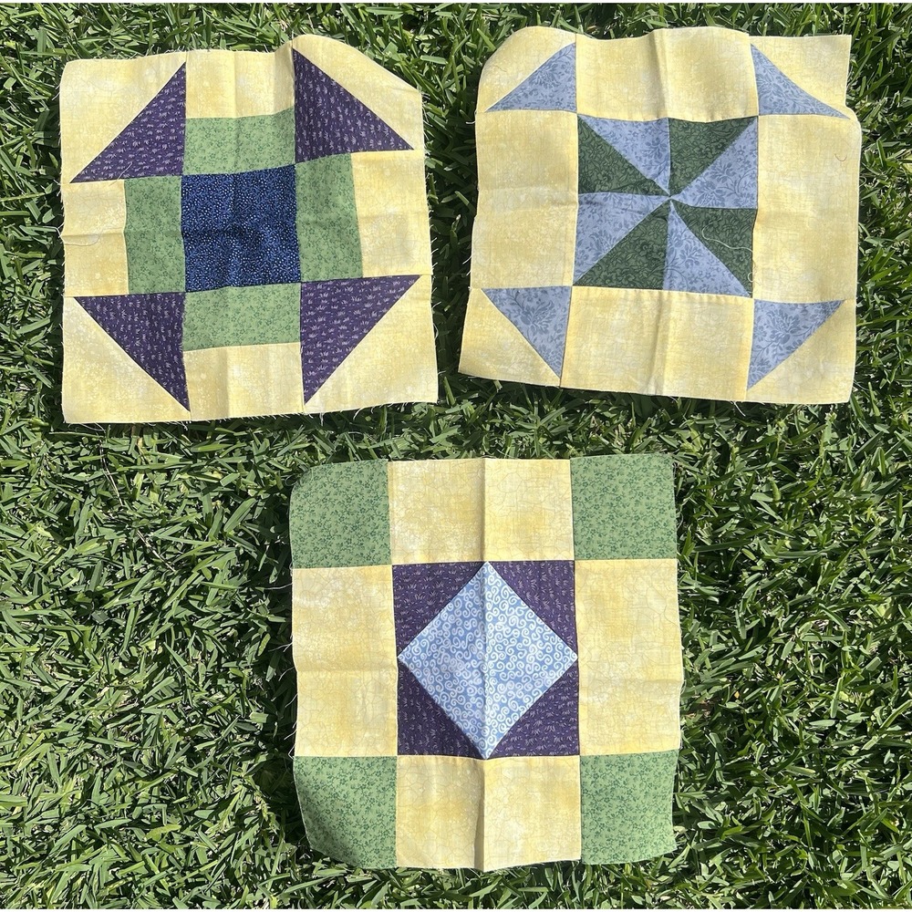Set Of 3 Handmade Coordinating Patchwork Quilt Blocks Blue Green Yellow 12"x 12"
